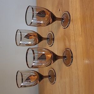 VINTAGE Amber Gold Tone Floral & Etched Detail Liqueur Stemware Glasses,Set of 4